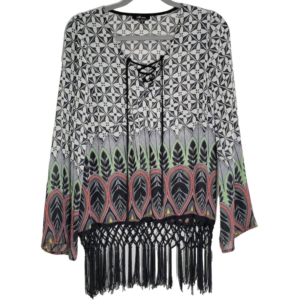 MONTEAU‎ Black White Geometric Print Lace Up Tassel Fringe Kimono Cover Up S